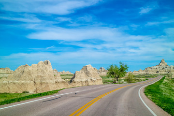 A long way down the road of Badlands National Park, South Dakota