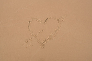 Hearts drawn in the sand. Sand background with a pattern. Summer. Day. Sea shore.