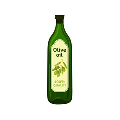 Olive oil bottle with brand label. Isolated flat vector element for advertising placard or banner. Vector illustration on white isolated background