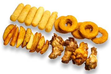 beer set, deep-fried squid, baked potatoes, a chicken legs, cheese sticks
