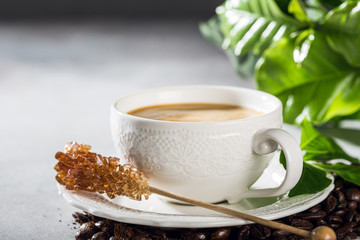 Coffee freshly brewed in a white cup with beans and leafs. Food background with copy space.