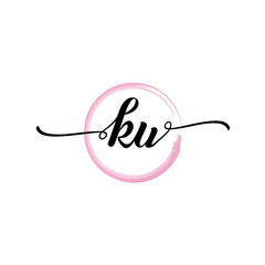 Obraz premium KU initial handwriting logo template. round logo in watercolor color with handwritten letters in the middle. Handwritten logos are used for, weddings, fashion, jewelry, boutiques and business