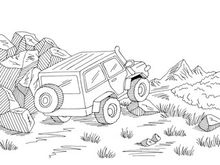 Offroad car travel road graphic black white landscape sketch illustration vector © aluna1
