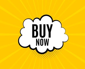 Buy Now. Chat speech bubble. Special offer price sign. Advertising Discounts symbol. Yellow vector banner with bubble. Buy now text. Chat badge. Colorful background. Vector
