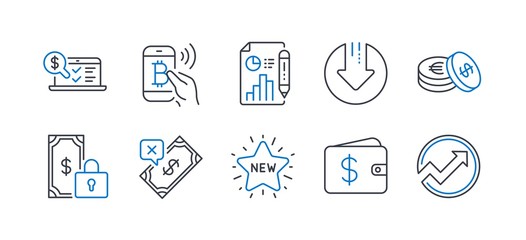 Set of Finance icons, such as Bitcoin pay, Download arrow, Private payment, New star, Rejected payment, Savings, Dollar wallet, Online accounting, Report document, Audit line icons. Vector