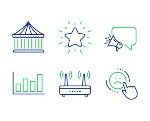 Carousels, Report diagram and Megaphone line icons set. Wifi, Rank star and Dislike signs. Attraction park, Financial market, Brand message. Internet router. Business set. Vector