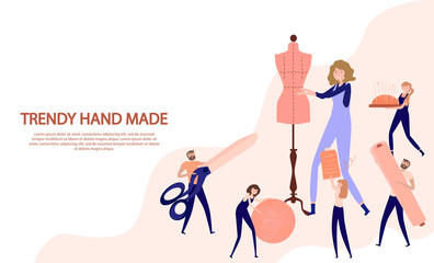 Sewing Studio Concept. Tailor Create Outfit and Apparel, Assistant Working with Mannequin. Creative Atelier Web Page. Editable vector illustration. 