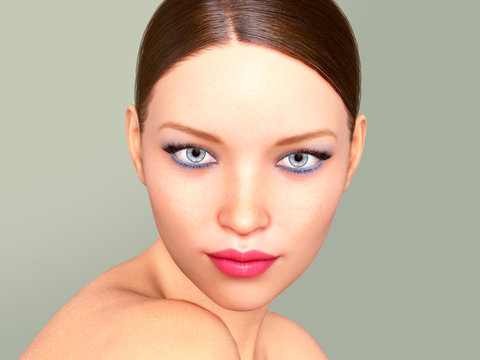 Beauty Woman Face Portrait. Beautiful Model Girl With Perfect Fresh Clean Skin Color 3D Illustration