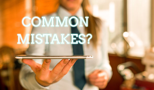Word writing text Common Mistakes question. Business photo showcasing repeat act or judgement misguided or wrong Blurred woman in the background pointing with finger in empty space