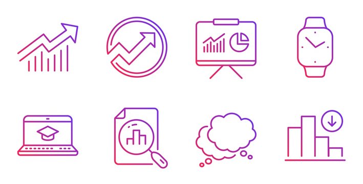 Demand curve, Speech bubble and Website education line icons set. Presentation, Smartwatch and Analytics graph signs. Audit, Decreasing graph symbols. Statistical report, Chat message. Vector