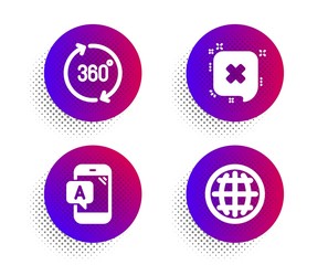 Ab testing, Reject and 360 degrees icons simple set. Halftone dots button. Globe sign. Phone test, Delete message, Full rotation. Internet world. Technology set. Classic flat ab testing icon. Vector