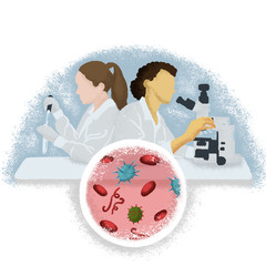 Molecular model of viruses. Female researchers in medicine lab. Blood analysis illustration.