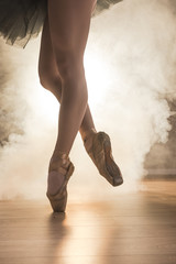 Close up ballet shoes with smoke