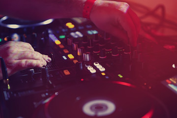 Professional dj audio equipment on edm music festival in night club
