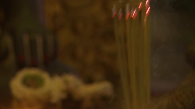 A hand held, extreme close up shot of eight slim wooden sticks burning.