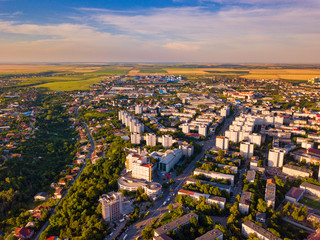 Aerial view of Slatina, Romania. Drone flight over the european city in summer day.