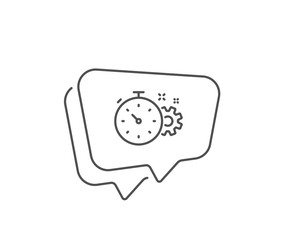 Cogwheel with timer line icon. Chat bubble design. Engineering tool sign. Cog gear symbol. Outline concept. Thin line cogwheel timer icon. Vector