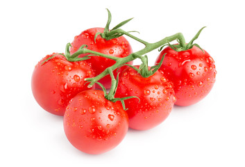 Branch of delicious fresh cherry tomatoes with water drops, isolated on white background