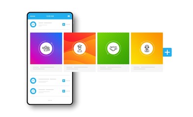 People talking, Student and Handshake line icons set. Interface carousel. Shipping support sign. Contact service, Graduation cap, Deal hand. Delivery manager. People set. Social network post. Vector