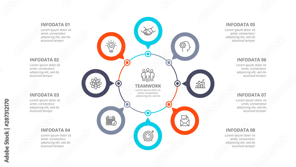 Poster cyclic diagram infographic with circles. modern infographic design template with 8 options, steps or