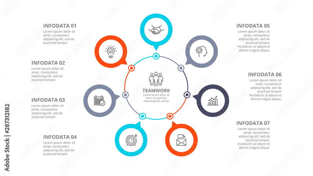 Poster cyclic diagram infographic with circles. modern infographic design template with 7 options, steps or