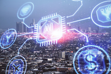 Data theme hologram drawing on city view with skyscrapers background double exposure. Technology...