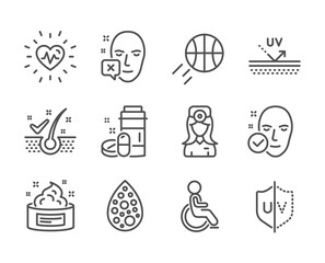 Fototapeta premium Set of Healthcare icons, such as Uv protection, Uv protection, Health skin, Face declined, Oculist doctor, Medical drugs, Heartbeat, Anti-dandruff flakes, Skin cream, Artificial colors. Vector