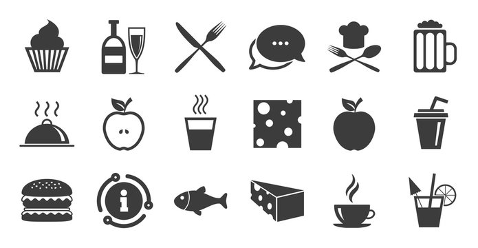 Set of Food and Drinks icons. Information, chat bubble icon. Restaurant meal, Wine and Cheese signs. Burger, Coffee and Beer symbols. Quality set. Vector