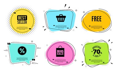 Free symbol. Best seller, quote text. Special offer sign. Sale. Quotation bubble. Banner badge, texting quote boxes. Free text. Coupon offer. Vector