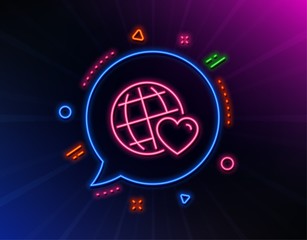 Friends world line icon. Neon laser lights. Friendship love sign. Assistance business symbol. Glow laser speech bubble. Neon lights chat bubble. Banner badge with friends world icon. Vector