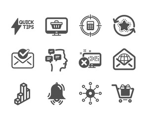 Set of Technology icons, such as Web mail, Shopping cart, Web shop, Clock bell, Multichannel, 3d chart, Quickstart guide, Messages, Reject access, Approved mail, Calculator target. Vector