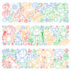 Fototapeta premium Painted by hand style pattern on the theme of childhood. Vector illustration for children design. Drawing by colorful pen on squared notebook.