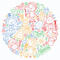 Fototapeta premium Painted by hand style pattern on the theme of childhood. Vector illustration for children design. Drawing by colorful pen on squared notebook.
