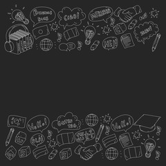 Vector pattern for language class, online courses. English, arabic, italian, japanese, spanish, chinese, german.