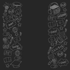 Vector pattern for language class, online courses. English, arabic, italian, japanese, spanish, chinese, german.