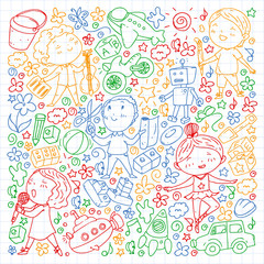 Painted by hand style pattern on the theme of childhood. Vector illustration for children design. Drawing by colorful pen on squared notebook.