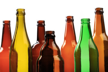 set of empty beer bottles on  white background - Image