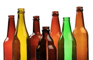 set of empty beer bottles on  white background - Image