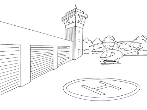 Heliport Exterior Graphic Black White Sketch Illustration Vector