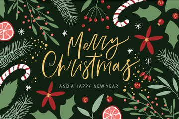 Merry Christmas greeting card with handwritten calligraphy and hand drawn decorative elements. Trendy vintage style. - 287314504