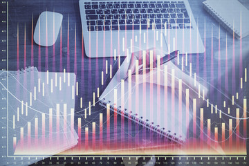 Forex chart displayed on woman's hand taking notes background. Concept of research. Multi exposure