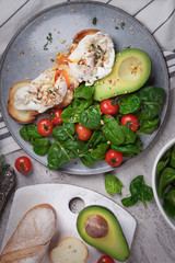 Toasts with avocado and poached egg, tomatoes and spinach, On a light gray background, Fresh morning breakfast
