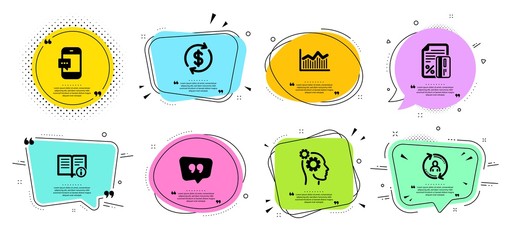 Technical info, Money diagram and Thoughts line icons set. Chat bubbles with quotes. Credit card, Smartphone message and Quote bubble signs. User info, Dollar exchange symbols. Vector