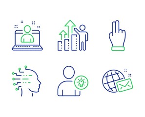 Artificial intelligence, Click hand and Employee results line icons set. User idea, Best manager and World mail signs. Mind intellect, Direction finger, Chart. Light bulb. People set. Vector