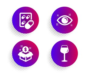 Capsule pill, Health eye and Post package icons simple set. Halftone dots button. Bordeaux glass sign. Medicine drugs, Optometry, Postbox. Wine glass. Business set. Vector