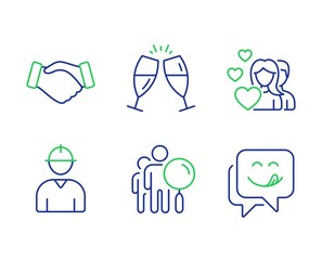 Couple, Engineer and Champagne glasses line icons set. Search people, Handshake and Yummy smile signs. Valentines day, Worker profile, Chin-chin. Find employee. People set. Vector