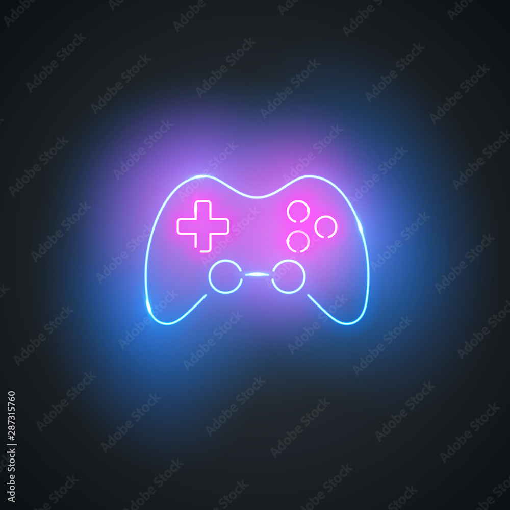 Wall mural Neon gamepad. Glowing gamepad sign on black background. Colorful and bright gaming joystick symbol. Vector design element.