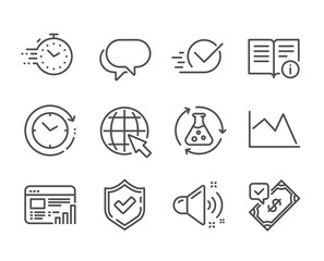 Set of Education icons, such as Chemistry experiment, Timer, Line chart, Web report, Time change, Checkbox, Technical info, Loud sound, Talk bubble, Internet, Confirmed, Accepted payment. Vector