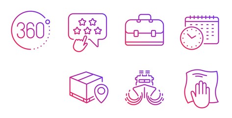 Parcel tracking, Ship and Portfolio line icons set. Ranking star, 360 degrees and Calendar time signs. Pet friendly, Washing cloth symbols. Package location pin, Shipping watercraft. Vector