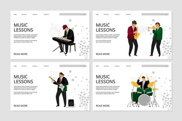 Music lesson landing page. Vector musicians, pianist and saxophonists, guitarist and drummer